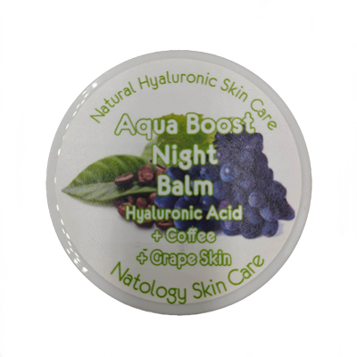Aqua Boost Face Night Balm – NZ-made, natural & organic, with hyaluronic acid, dragon’s blood, coffee & grape skin for deep overnight hydration and smooth, youthful skin.