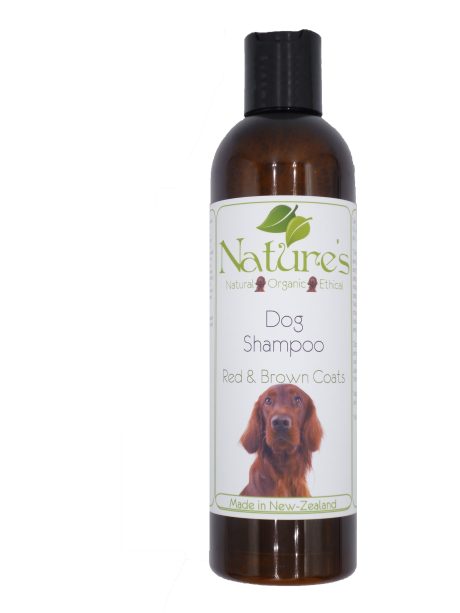 Natural Red & Brown Coat dog shampoo. NZ made dog shampoo for red & brown coats. pH balanced with manuka, neem, henna & herbal extracts to cleanse, enhance color, deodorise & repel insects.