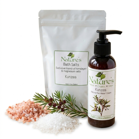 Kunzea Value Combo Pack including 800g Himalayan and magnesium bath salts and 120ml natural pain relief cream made in New Zealand for joint and muscle support.