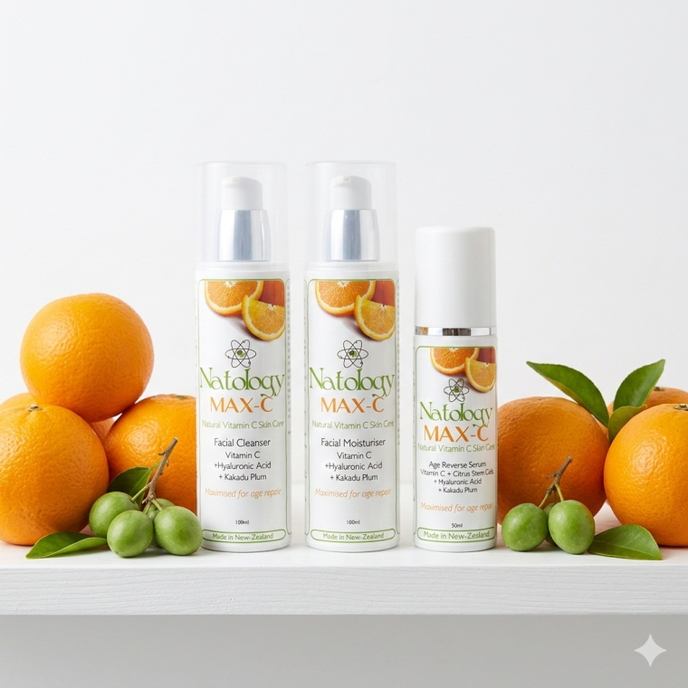 New Zealand made Max-C natural vitamin C skincare range by Natures Skin and Body Care featuring Kakadu plum and citrus stem cells